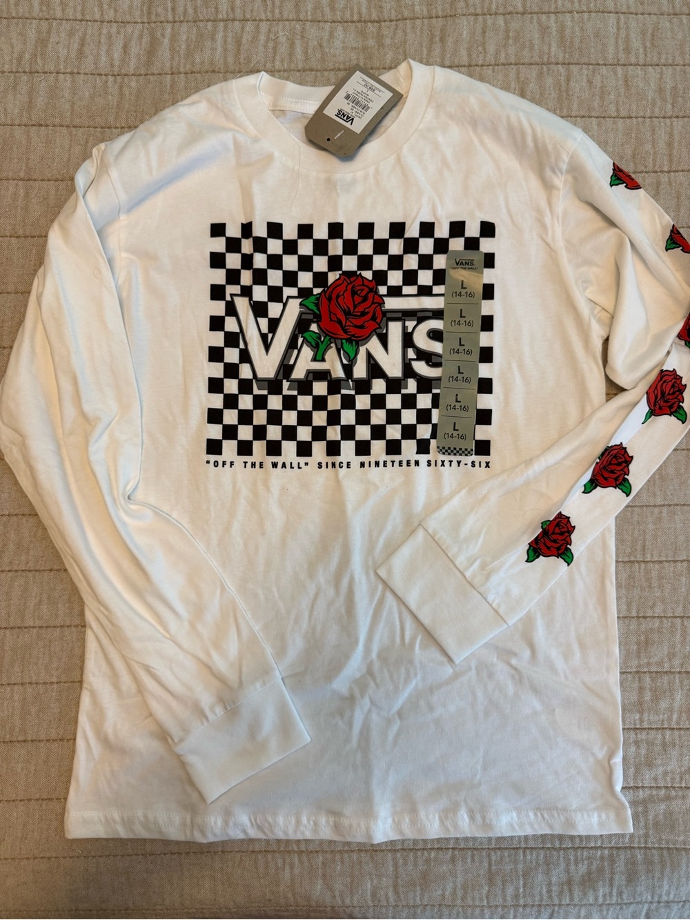 Vans White Long-Sleeve Checkerboard Tee with Red Rose Graphic
